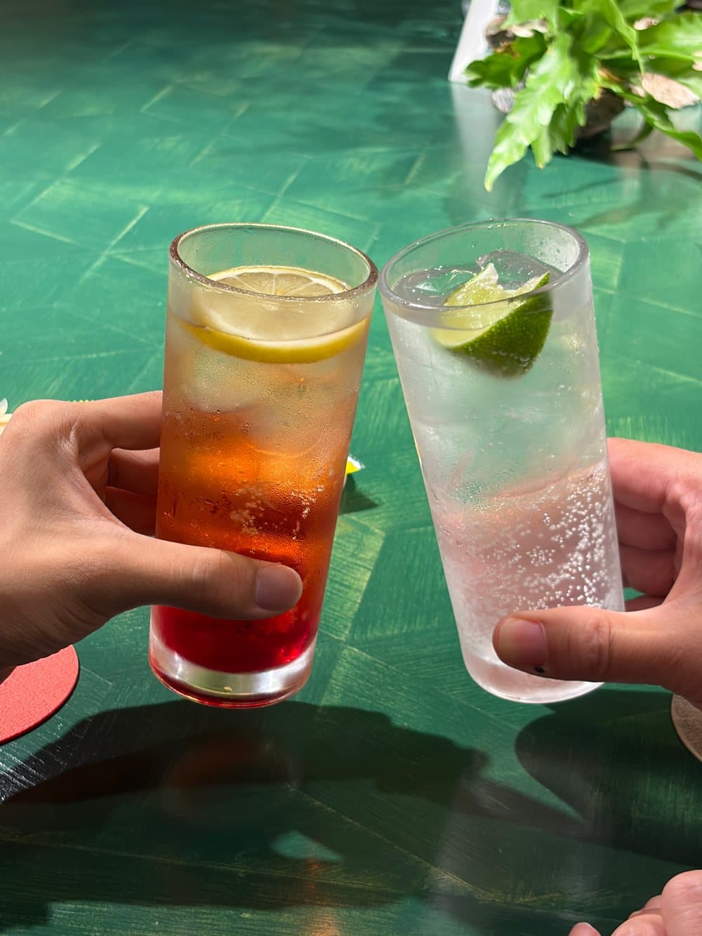緑のテーブルの上で、柑橘を添えたカクテルを持って乾杯
